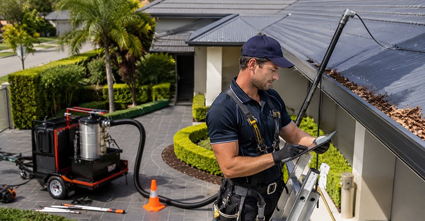 Professional gutter cleaner wearing a safety harness on a ladder, using a digital tablet next to a clogged roof gutter filled with leaves.
