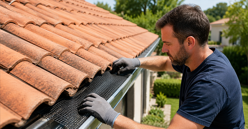 A roofer wearing work gloves fitting a flexible black mesh gutter guard under the bottom edge of a terracotta tile roof.