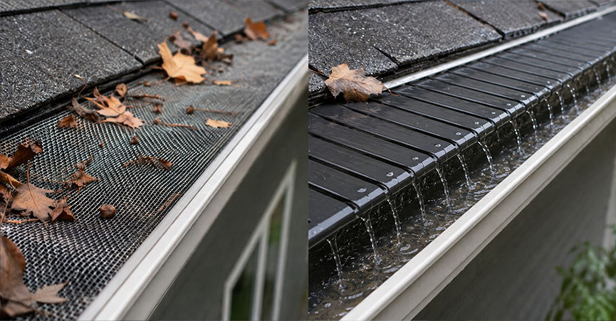 Side-by-side comparison of gutter guard performance: dry autumn leaves sitting on top of a mesh leaf guard on the left, and rainwater cascading over a solid surface tension rain gutter guard system on the right