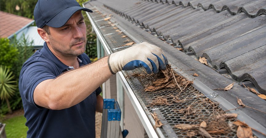A professional gutter cleaner lifting accumulated dirt and dry leaves off a mesh gutter guard installed on a tiled residential roof.