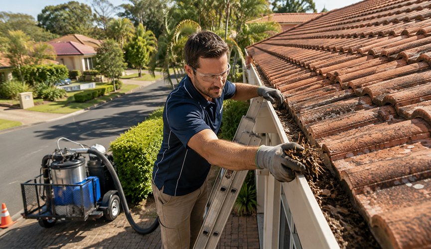 Professional gutter cleaning technician on a ladder removing leaves and debris from a residential terracotta tile roof.