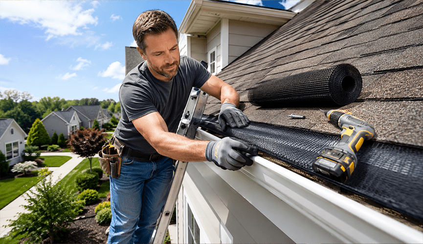 Man on a ladder installing a black mesh roll gutter guard on a residential house roof with a cordless drill nearby.