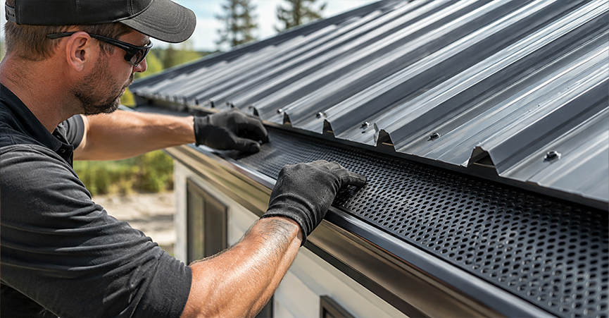 A contractor wearing safety glasses and gloves installing a black perforated metal gutter guard into the eaves of a gray corrugated metal roof.