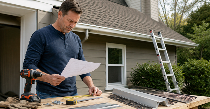 A man reviewing home improvement plans at a workbench with gutter guard segments, a cordless drill, and a tape measure, with a ladder leaning against a house roof in the background.