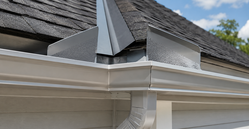 Close-up of installed aluminum gutter splash guards and a corner mitre on white seamless rain gutters below a dark asphalt shingle roof valley.