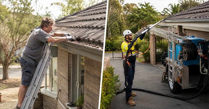 A side-by-side comparison of DIY versus professional gutter cleaning: an individual clearing leaves from a high ladder on the left, and a professional technician using specialized vacuum equipment and safety gear from the ground on the right.