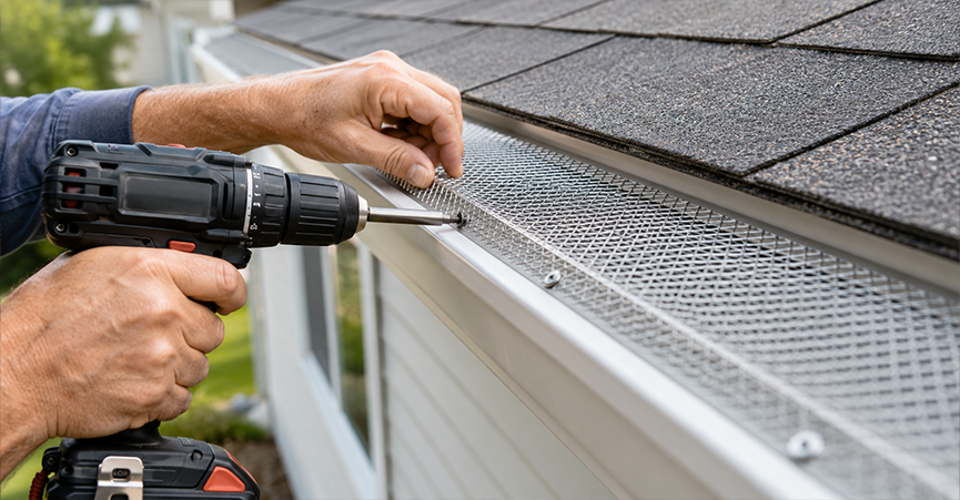 Close-up of a person using a cordless drill to secure an aluminum mesh gutter guard into an existing white rain gutter with screws.