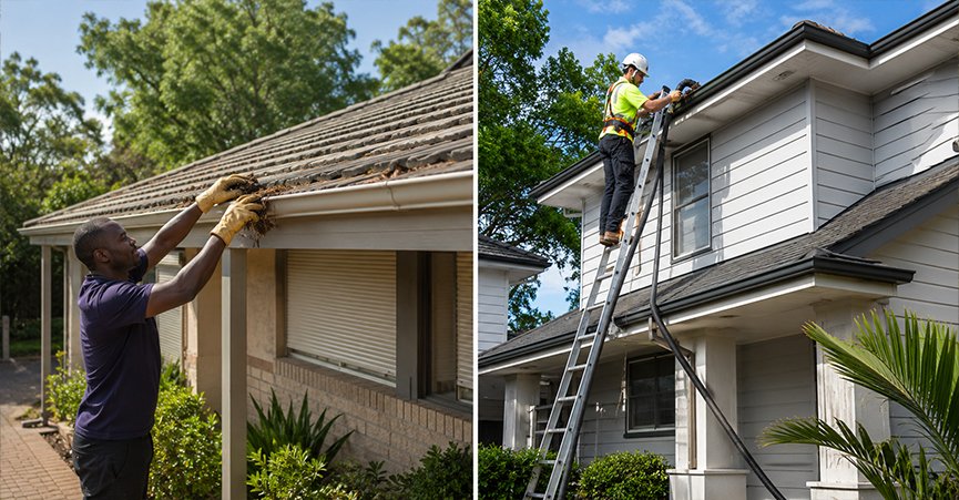 A side-by-side comparison of gutter cleaning services: a man cleaning a single-story roof gutter from the ground on the left, and a technician using an extension ladder and safety gear on a two-story house on the right.