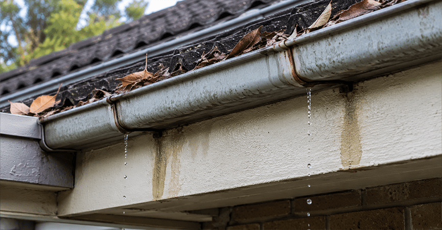Man on a ladder repairing a leaking house gutter.