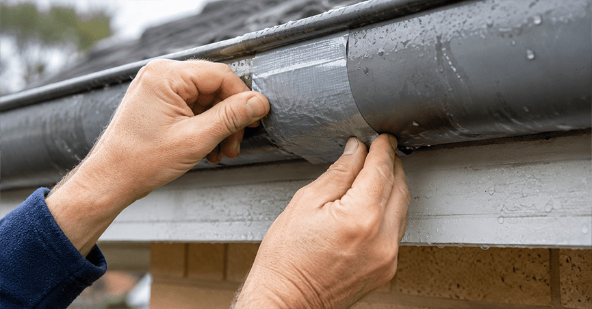 Applying grey waterproof patching tape to repair a leaking roof gutter seam.