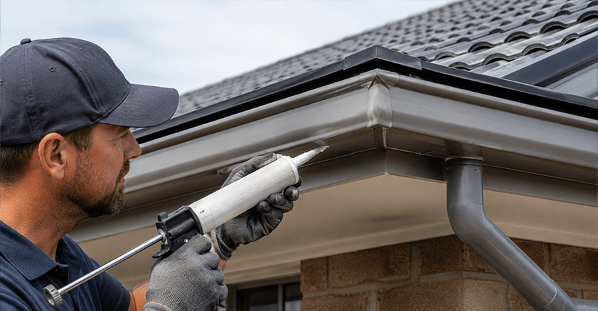 Man using a caulking gun to apply sealant to the corner joint of a grey roof gutter.