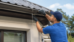 A man on a ladder repairing a leaking roof gutter.
