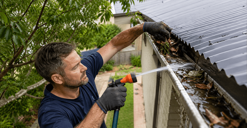 Man wearing gloves cleaning leaves out of a corrugated roof gutter and flushing it with a garden hose.