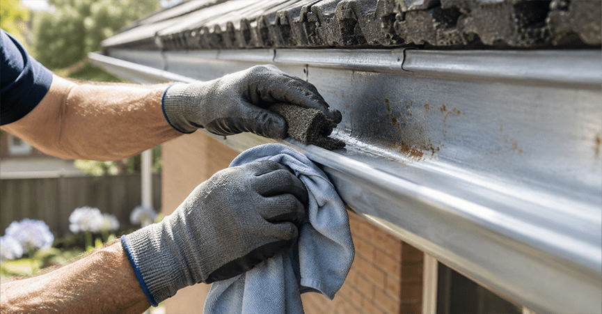 Gloved hands using sandpaper and a cloth to remove rust and dry a metal roof gutter.
