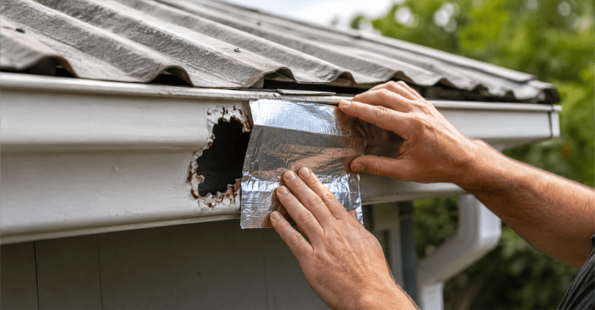 Applying silver aluminum flashing tape to patch a large hole in a roof gutter.