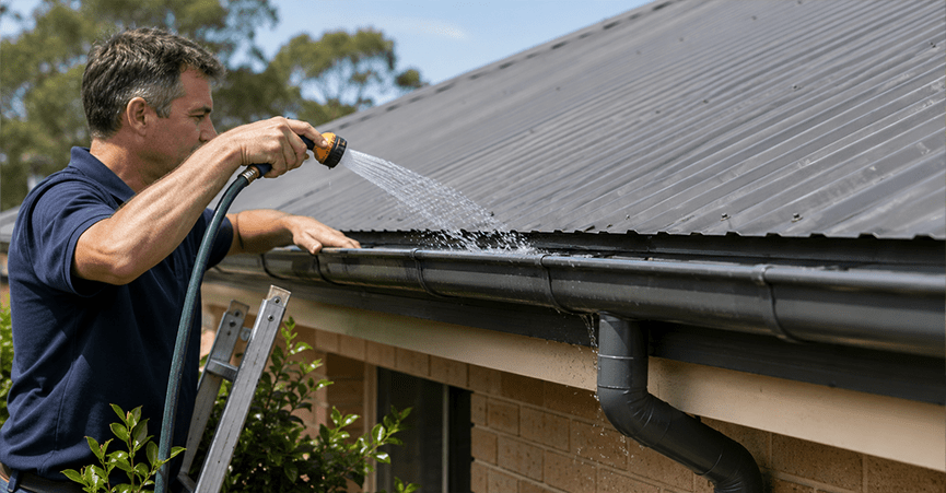 Man on a ladder using a garden hose to test a repaired roof gutter for leaks.