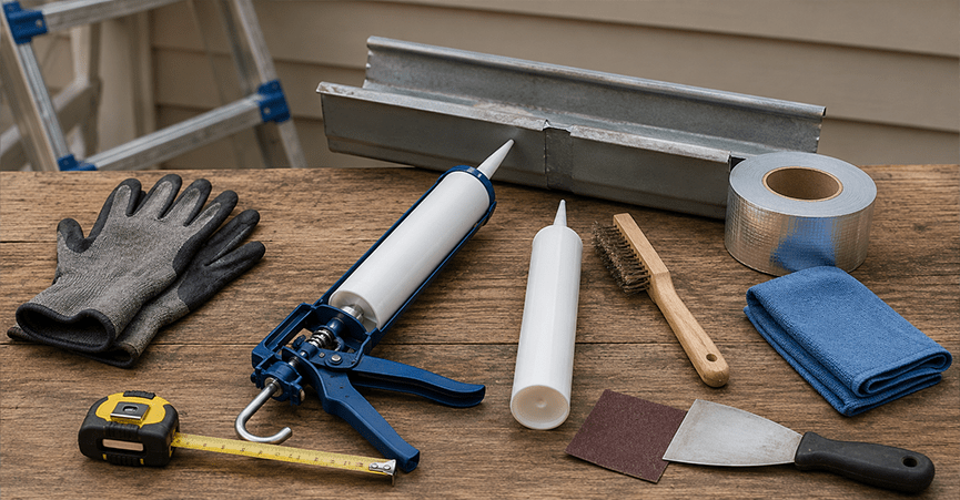 Tools and materials for rain gutter repair, including a caulking gun, sealant, tape, wire brush, and gloves on a wooden table.