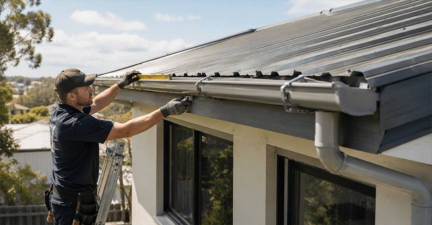 Man on a ladder using a spirit level to check and adjust the slope of a roof gutter.