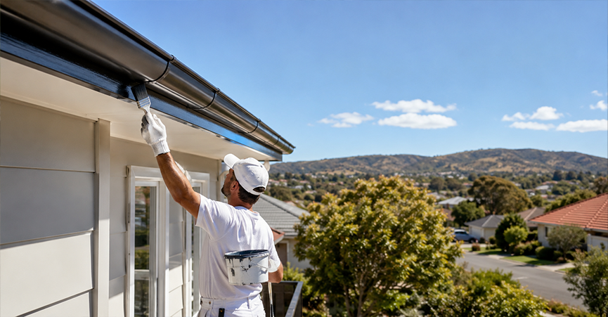 A painter in white workwear applying black paint to gutters under a clear blue sky with hills in the background.