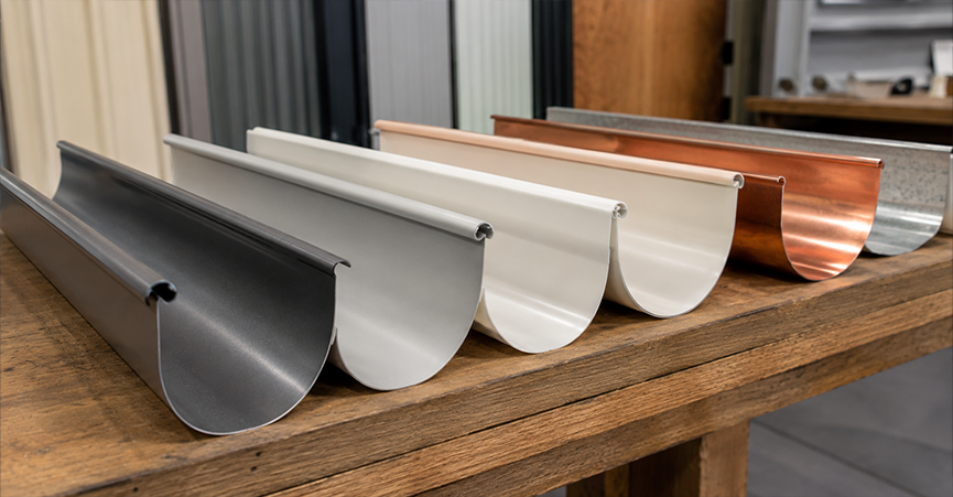 A variety of metal gutter profile samples lined up side-by-side on a wooden table.