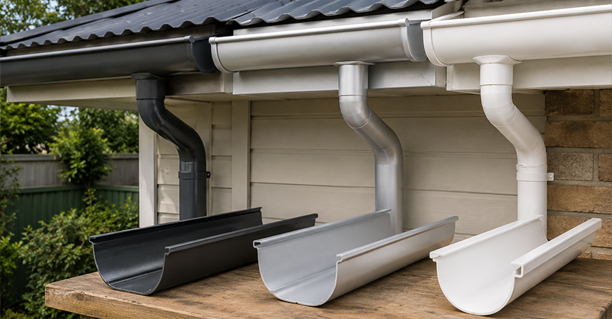 Three different types of gutter and downpipe materials displayed side-by-side in dark gray steel, silver aluminium, and white PVC.
