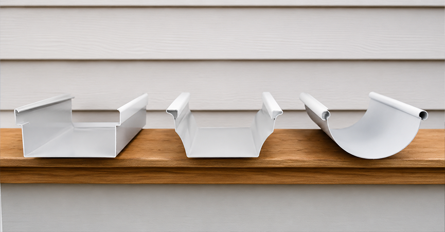 Three white gutter profile cross-sections—box/quad, decorative OG, and half-round—displayed side-by-side on a wooden ledge.