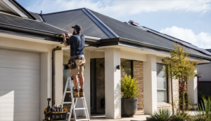 A tradesman standing on a step ladder working on the roof gutters of a modern house.