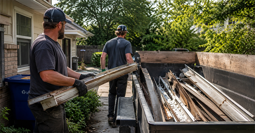 Two workers loading removed metal roof gutters into the back of a trailer for disposal.