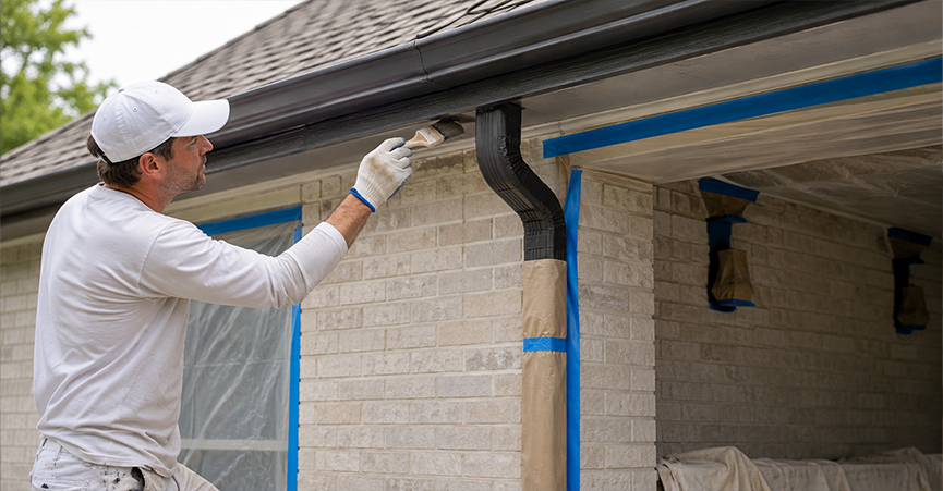 A painter using a brush on a dark gutter, with the surrounding brick wall and downpipe protected by painter's tape and paper.