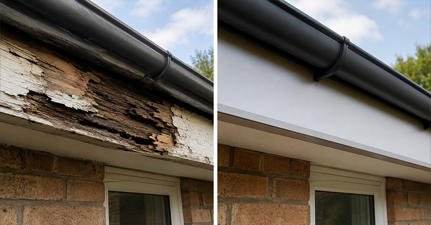 Side-by-side comparison showing damaged, rotting wooden fascia board on the left and a clean metal fascia cover installed on the right.