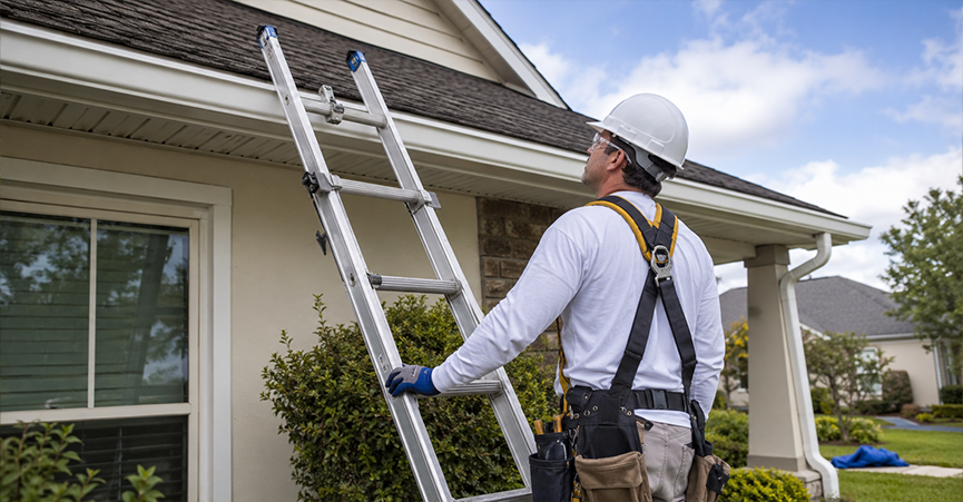 A worker wearing a hard hat and safety harness holding an extension ladder set up against a house roofline.