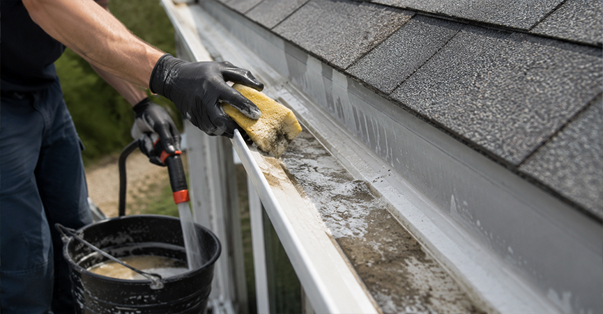 A person wearing black gloves scrubbing a white roof gutter with a sponge and rinsing it with water from a hose.