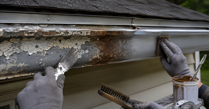 A person scraping peeling paint and sanding rust off a weathered metal gutter.