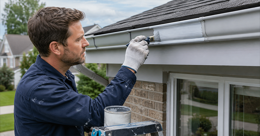 A man applying white primer to a house gutter using a paintbrush.