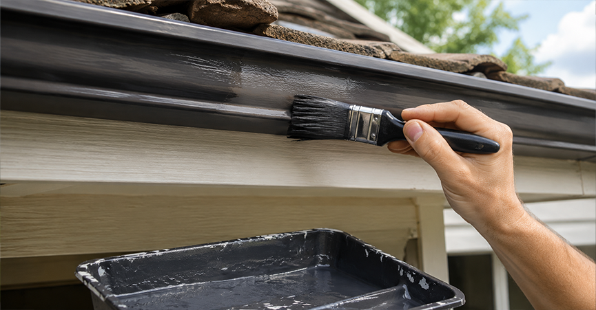 Close-up of a hand using an angled paintbrush to apply dark paint along the front edge of a roof gutter.