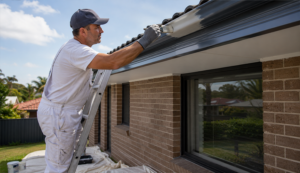 A painter standing on a ladder and using a brush to apply dark gray paint to house gutters.