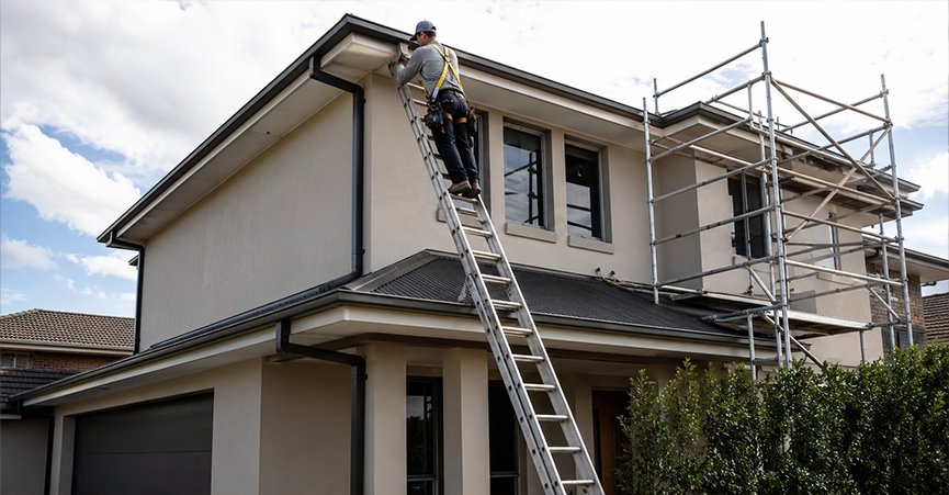 A tradesman wearing a safety harness working on the gutters of a two-storey house using a tall extension ladder and scaffolding.